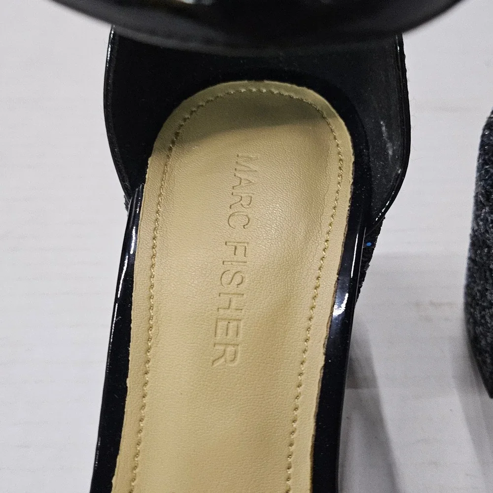 Marc Fisher Safia Black Patent Glitter Block‎ Heel Sandals 5.5M QMSAFIA NEW